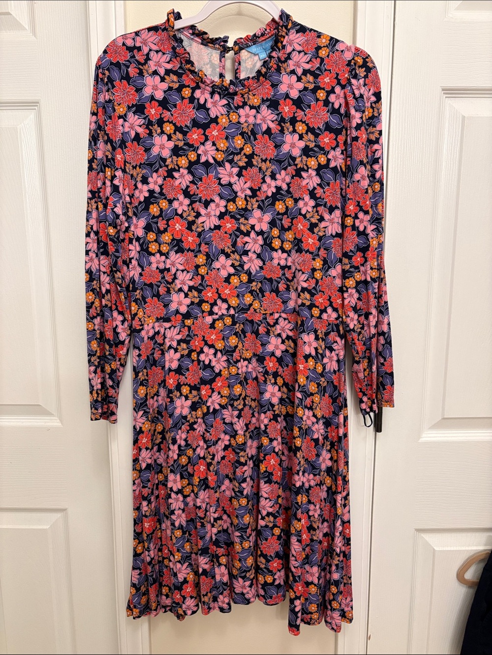 Draper James Navy Long-Sleeve Floral Dress with Pink & Red Blooms